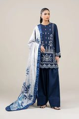 WINTER-3PC DHANAK EMBROIDERED SHIRT WITH COUTRAI WOOL PRINTED SHAWL AND TROUSER-4176