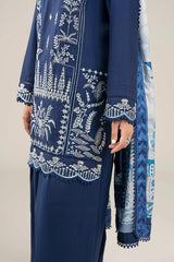 WINTER-3PC DHANAK EMBROIDERED SHIRT WITH COUTRAI WOOL PRINTED SHAWL AND TROUSER-4176