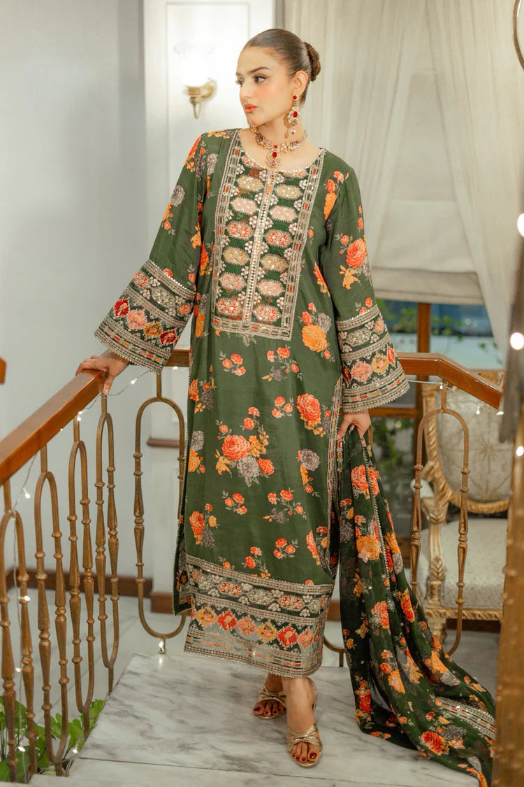 Winter-3PC SHAMOZE SILK PRINTED EMBROIDERED SHIRT WITH SOFT SILK PRINTED EMB DUPATTA & PRINTED TROUSER-1739