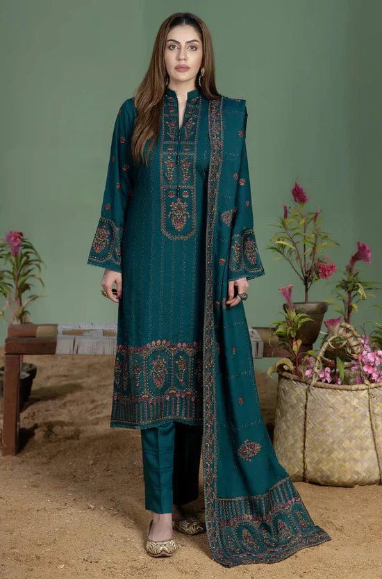 WINTER-3PC DHANANK EMBROIDERED SHIRT WITH DHANAK EMBROIDERED SHAWL AND TROUSER-4256