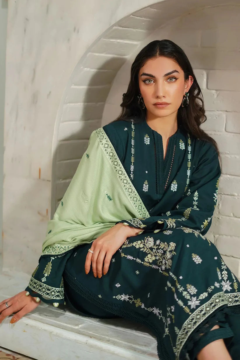 WINTER-3PC DHANAK EMBROIDERED SHIRT WITH DHANAK EMBROIDERED SHAWL & TROUSER-4154