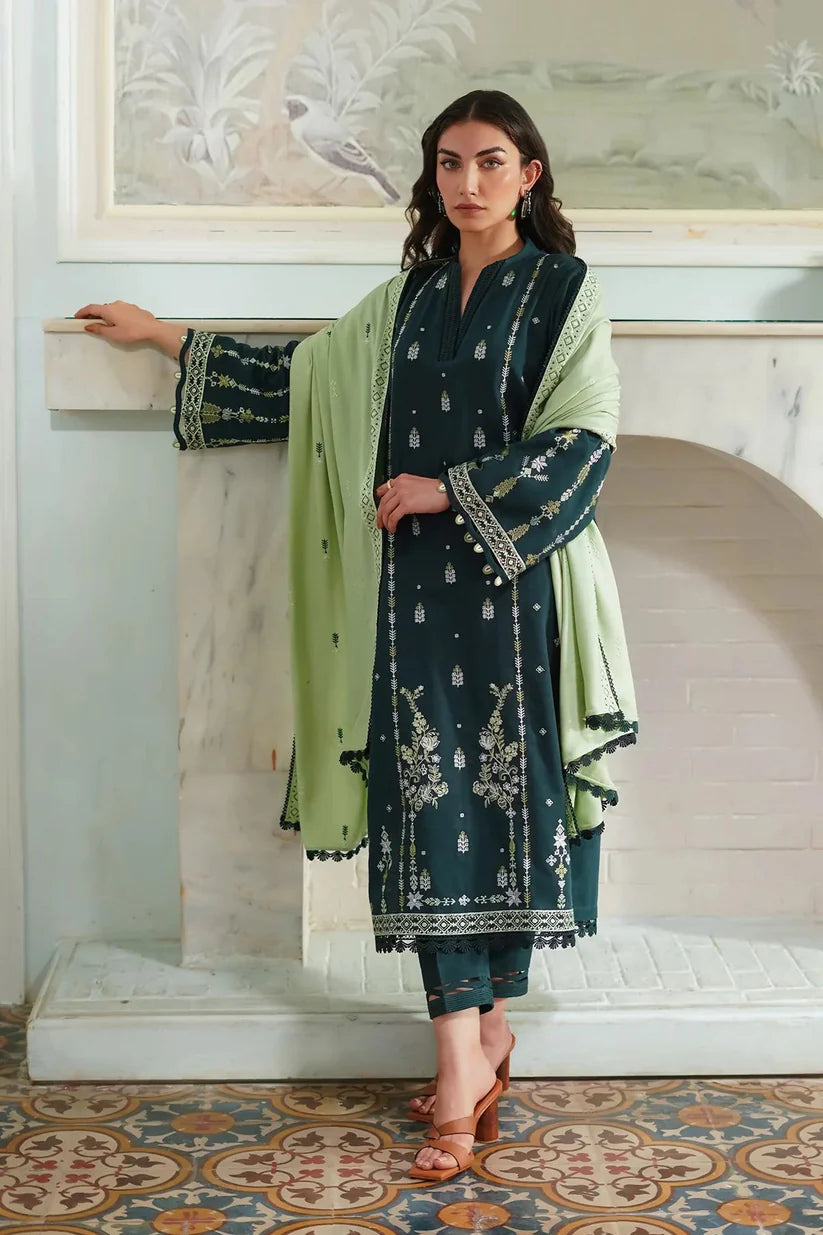 WINTER-3PC DHANAK EMBROIDERED SHIRT WITH DHANAK EMBROIDERED SHAWL & TROUSER-4154