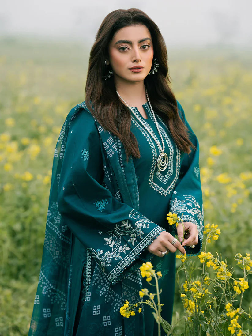 WINTER-3PC DHANAK EMBROIDERED SHIRT WITH COURTRAI PRINTED SHAWL AND TROUSER-4107