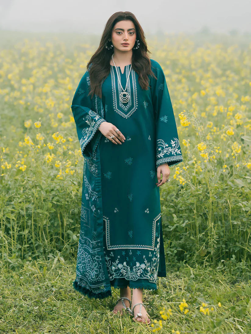 WINTER-3PC DHANAK EMBROIDERED SHIRT WITH COURTRAI PRINTED SHAWL AND TROUSER-4107