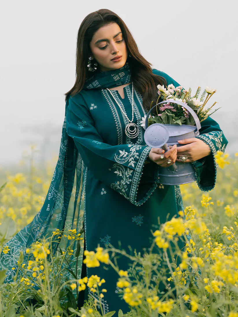WINTER-3PC DHANAK EMBROIDERED SHIRT WITH COURTRAI PRINTED SHAWL AND TROUSER-4107