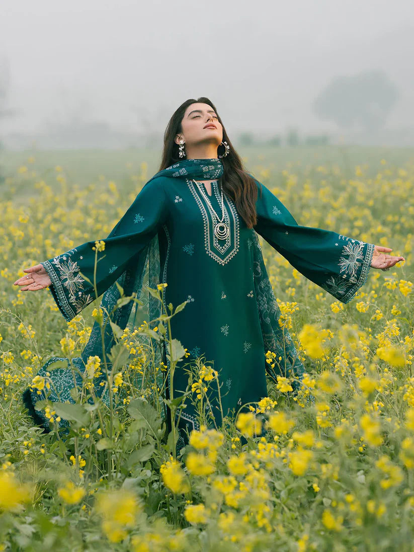 WINTER-3PC DHANAK EMBROIDERED SHIRT WITH COURTRAI PRINTED SHAWL AND TROUSER-4107
