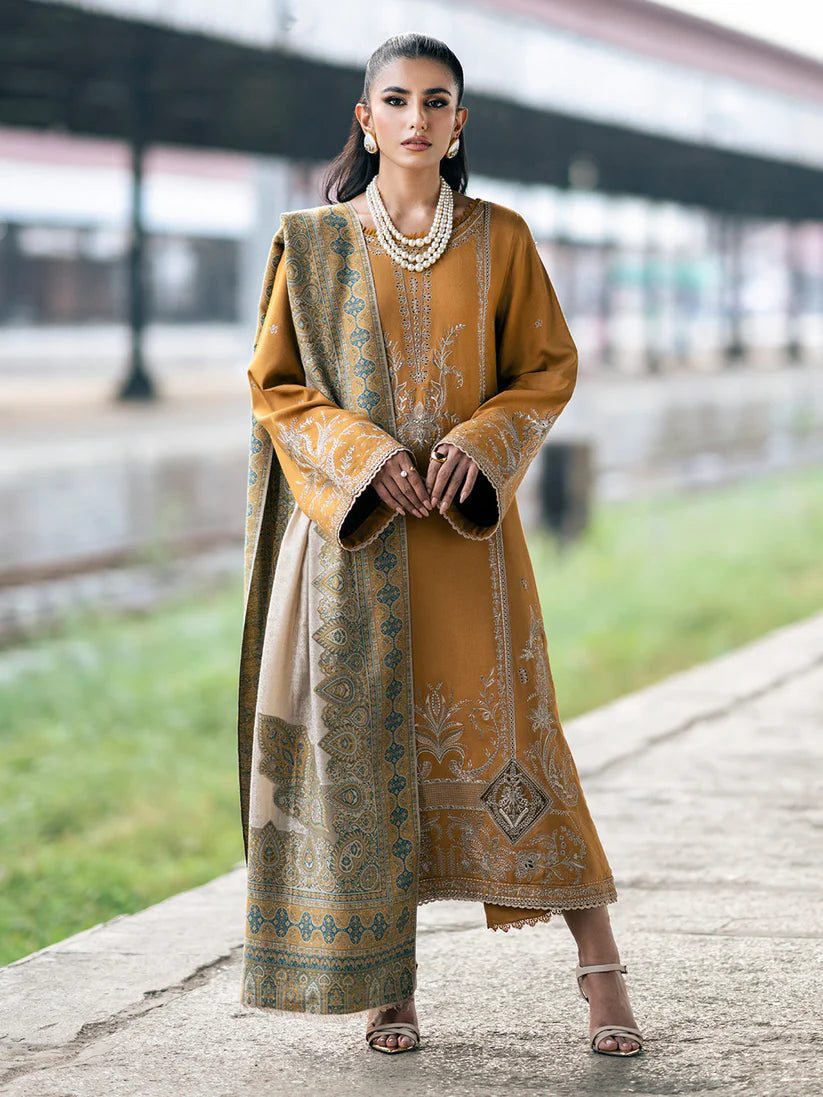 WINTER-3PC DHANAK EMBROIDERED SHIRT WITH COUTRAI PRINTED SHAWL & TROUSER-4129