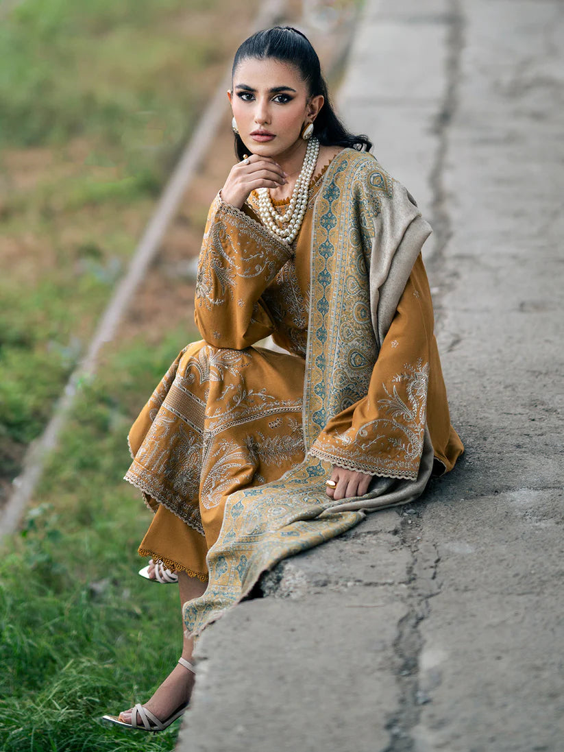WINTER-3PC DHANAK EMBROIDERED SHIRT WITH COUTRAI PRINTED SHAWL & TROUSER-4129