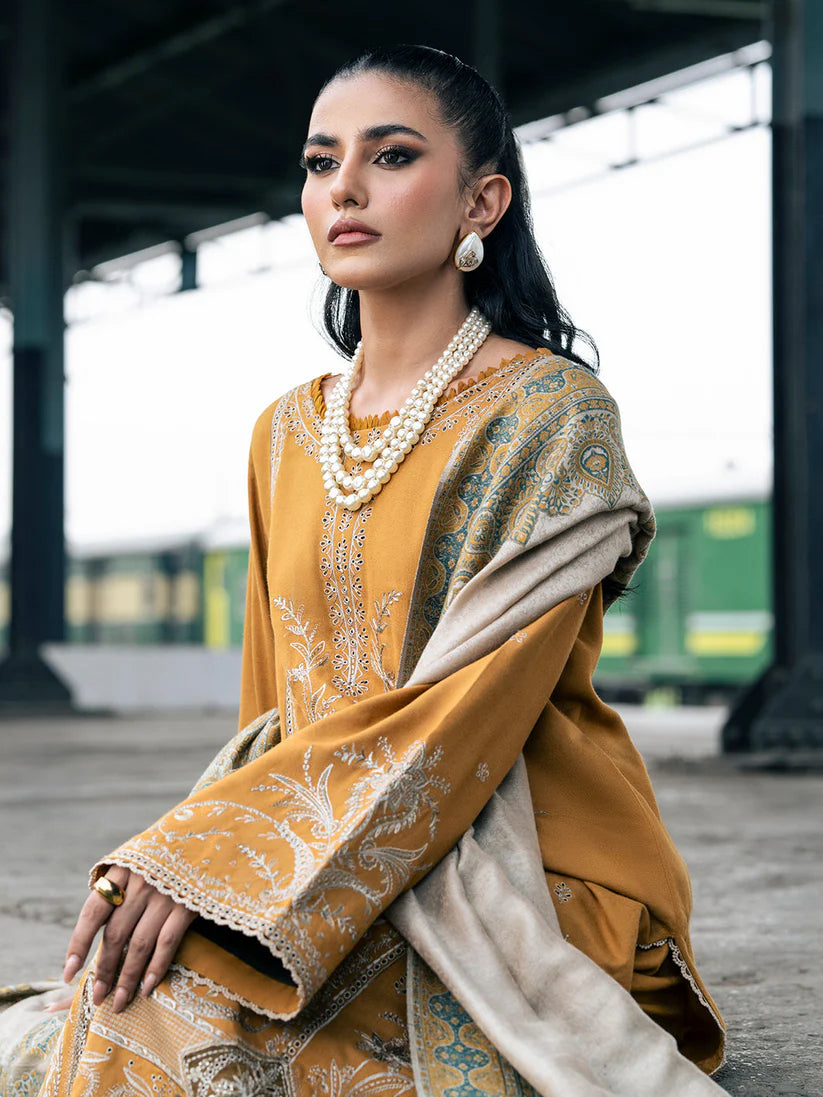 WINTER-3PC DHANAK EMBROIDERED SHIRT WITH COUTRAI PRINTED SHAWL & TROUSER-4129