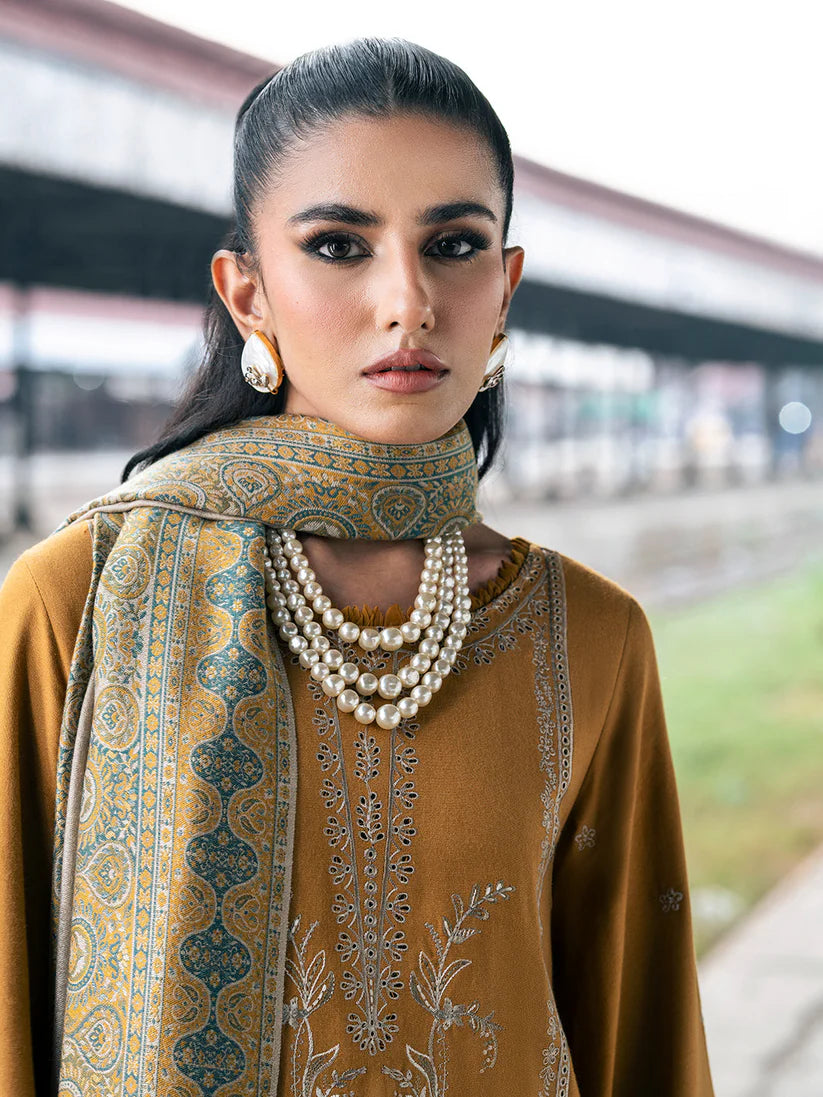 WINTER-3PC DHANAK EMBROIDERED SHIRT WITH COUTRAI PRINTED SHAWL & TROUSER-4129