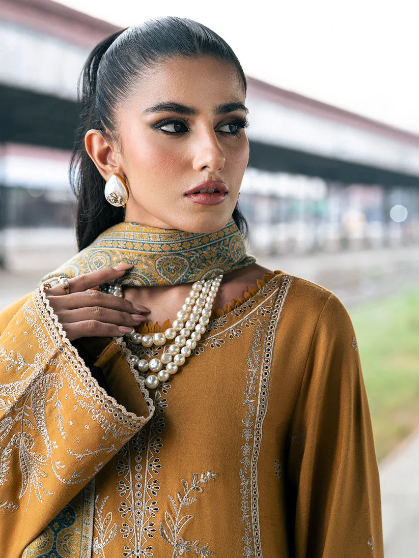 WINTER-3PC DHANAK EMBROIDERED SHIRT WITH COUTRAI PRINTED SHAWL & TROUSER-4129