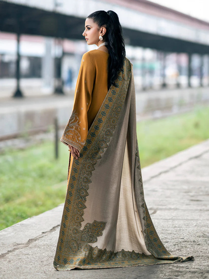 WINTER-3PC DHANAK EMBROIDERED SHIRT WITH COUTRAI PRINTED SHAWL & TROUSER-4129