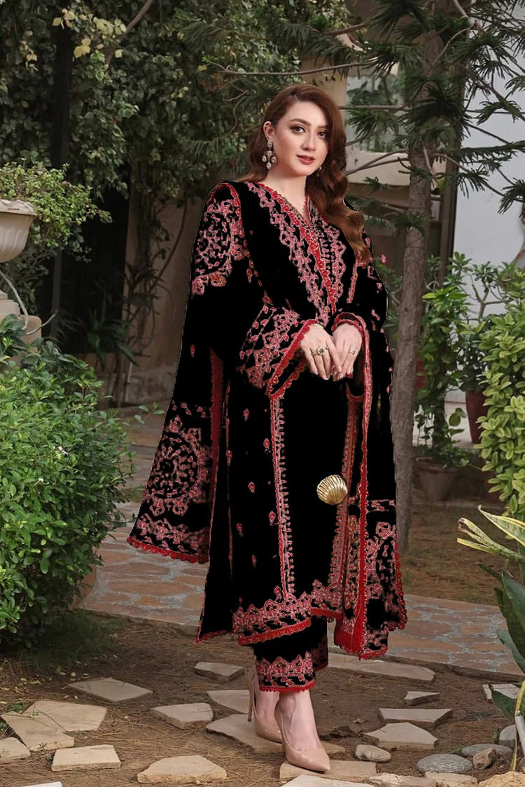 WINTER-3PC DHANAK EMBROIDERED SHIRT WITH DHANAK EMBROIDERED SHAWL & TROUSER-4304 BLACK