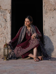 WINTER-3PC DHANAK EMBROIDERED SHIRT WITH COURTRAI PRINTED SHAWL & TROUSER-4364