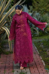 WINTER-3PC DHANAK EMBROIDERED SHIRT WITH KHADDI NET EMB DUPATTA AND EMB TROUSER-5077