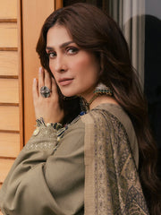 WINTER-3PC DHANAK EMBROIDERED SHIRT WITH COUTRAI PRINTED SHAWL AND TROUSER-5328