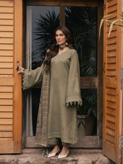 WINTER-3PC DHANAK EMBROIDERED SHIRT WITH COUTRAI PRINTED SHAWL AND TROUSER-5328