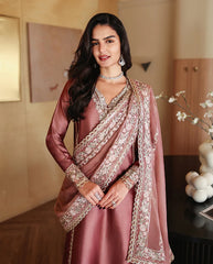 WINTER-3PC-RAW SILK HAND EMB EMBELLISHED SHIRT WITH SOFT SILK EMB DUPATTA AND RAW SILK TROUSER-5214