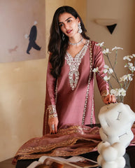 WINTER-3PC-RAW SILK HAND EMB EMBELLISHED SHIRT WITH SOFT SILK EMB DUPATTA AND RAW SILK TROUSER-5214