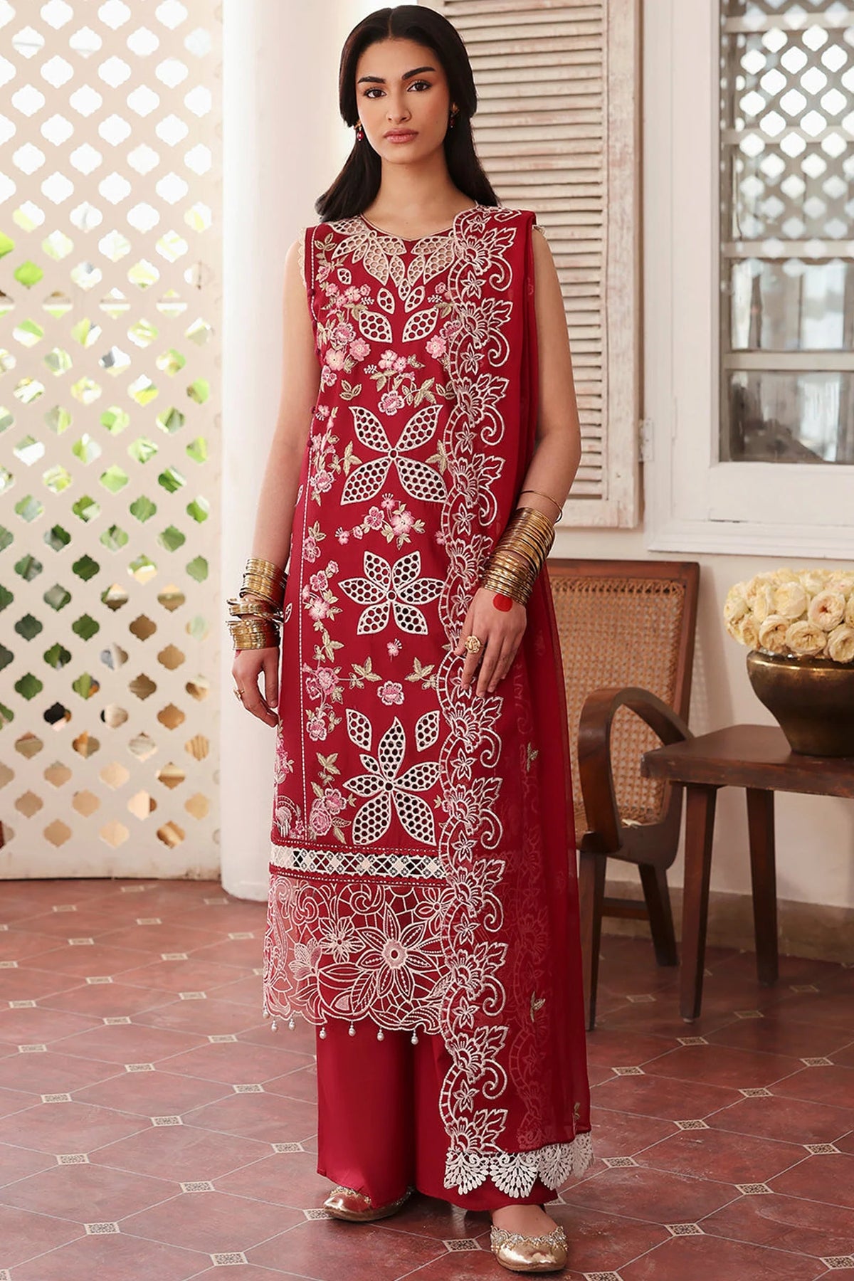 SUMMER-3PC LAWN EMBROIDERED SHIRT WITH MONARK EMBROIDERED DUAPATTA AND TROUSER-3717