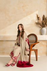 WINTER-3PC DHANAK EMBROIDERED SHIRT WITH CHIFFON TYE&DYE DUPATTA SHAWL AND TROUSER-5222