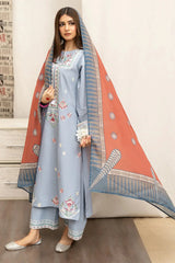 WINTER- 3PC DHANAK EMBROIDERED SHIRT WITH COUTURE WOOL PRINT SHAWL AND EMB TROUSER-3166