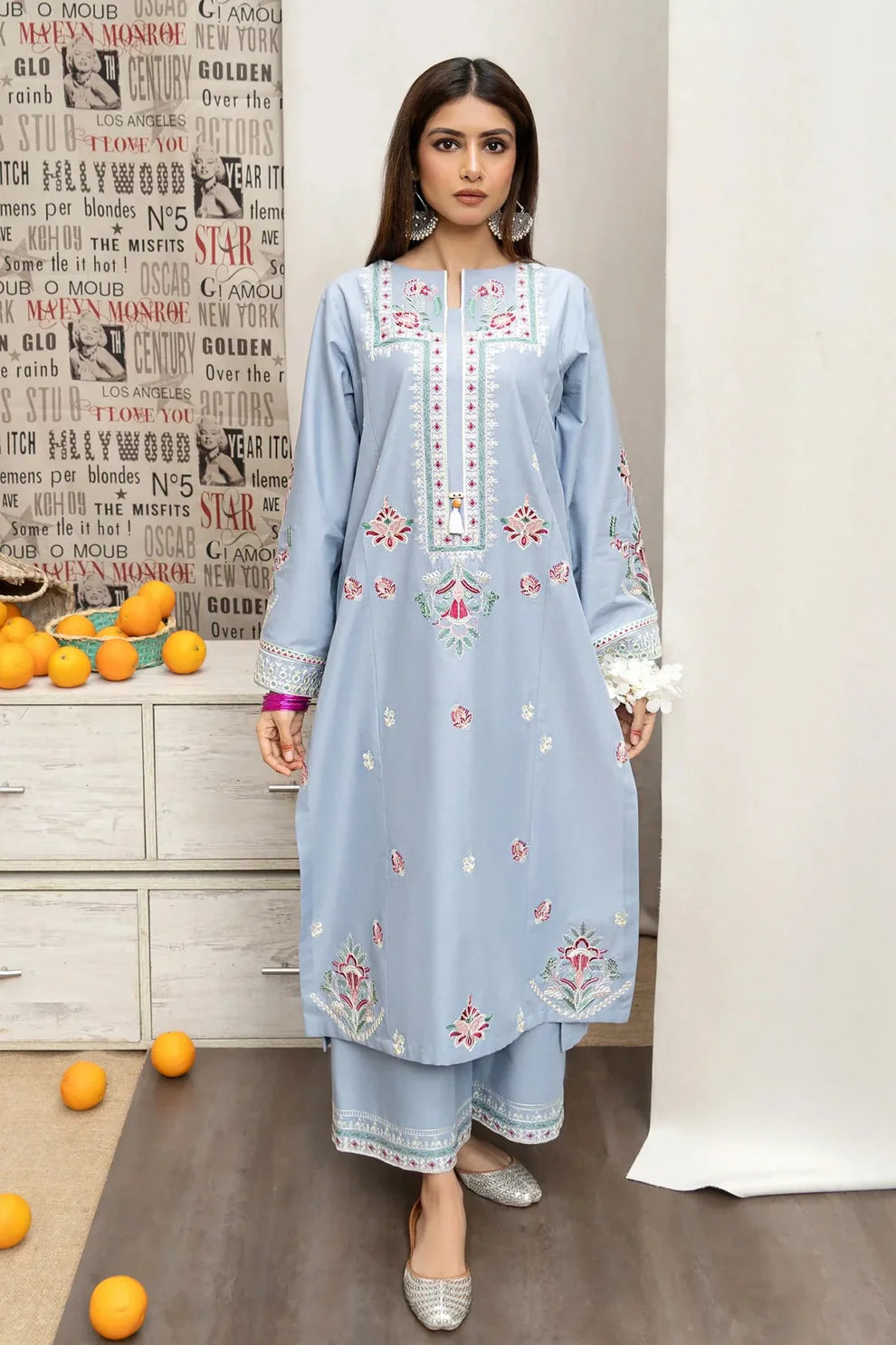 WINTER- 3PC DHANAK EMBROIDERED SHIRT WITH COUTURE WOOL PRINT SHAWL AND EMB TROUSER-3166