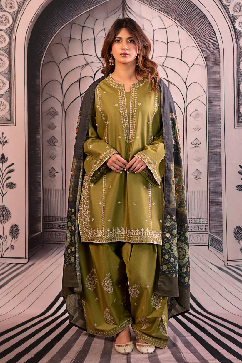 WINTER-3PC DHANAK EMBROIDERED SHIRT WITH COUTRAI PRINTED SHAWL & EMB TROUSER-4126