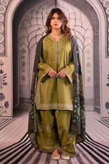 WINTER-3PC DHANAK EMBROIDERED SHIRT WITH COUTRAI PRINTED SHAWL & EMB TROUSER-4126