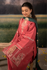 WINTER-3PC DHANAK EMBROIDERED SHIRT WITH COURTRAI PRINTED SHAWL AND EMB TROUSER-4203