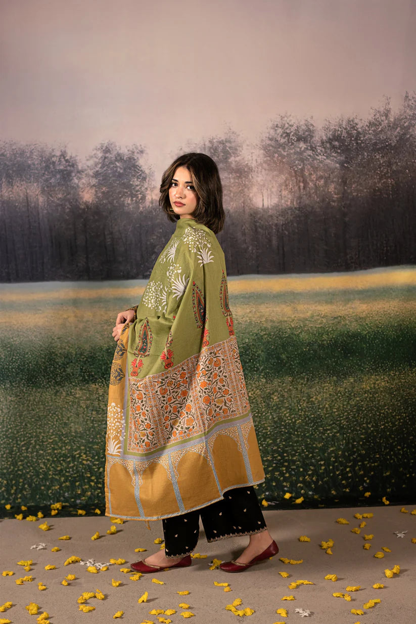 WINTER-3PC DHANAK EMBROIDERED SHIRT WITH COUTRAI PRINTED SHAWL & DHANAK EMB TOUSER-4154