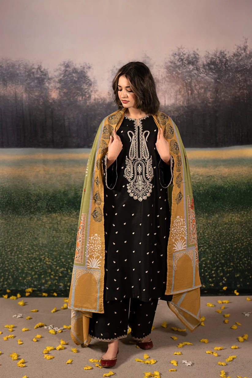 WINTER-3PC DHANAK EMBROIDERED SHIRT WITH COUTRAI PRINTED SHAWL & DHANAK EMB TOUSER-4154
