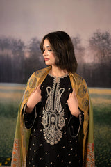 WINTER-3PC DHANAK EMBROIDERED SHIRT WITH COUTRAI PRINTED SHAWL & DHANAK EMB TOUSER-4154