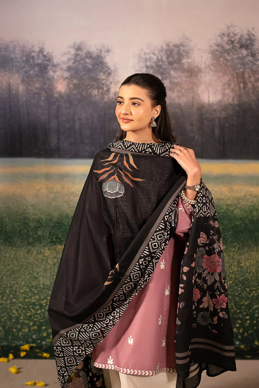 WINTER-3PC DHANAK EMBROIDERED SHIRT WITH COUTRAI WOOL PRINTED SHAWL AND EMB TROUSER-4086