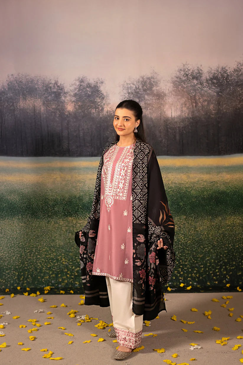 WINTER-3PC DHANAK EMBROIDERED SHIRT WITH COUTRAI WOOL PRINTED SHAWL AND EMB TROUSER-4086