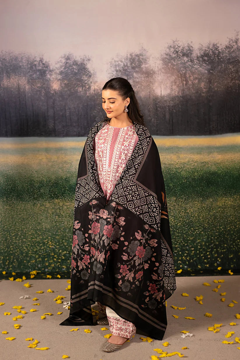 WINTER-3PC DHANAK EMBROIDERED SHIRT WITH COUTRAI WOOL PRINTED SHAWL AND EMB TROUSER-4086