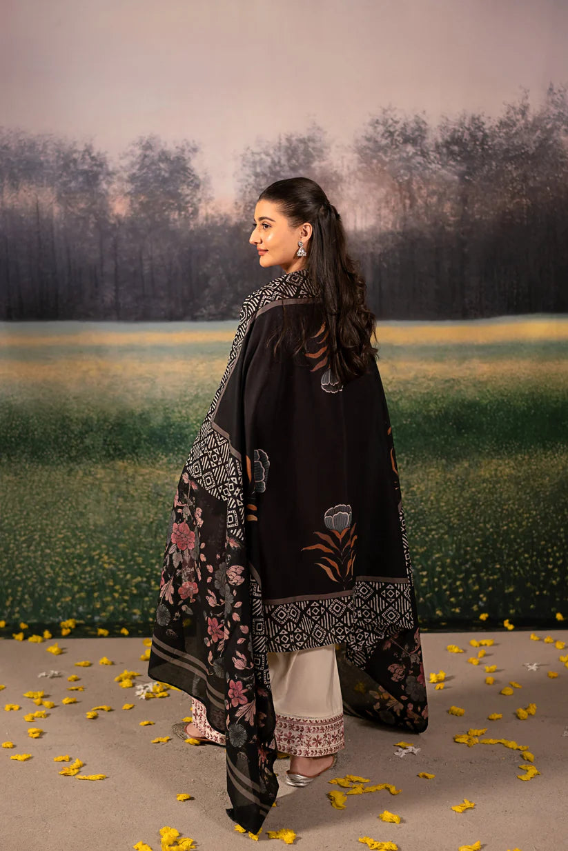 WINTER-3PC DHANAK EMBROIDERED SHIRT WITH COUTRAI WOOL PRINTED SHAWL AND EMB TROUSER-4086