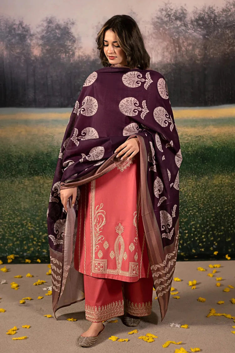WINTER-3PC DHANAK EMBROIDERED SHIRT WITH COURTRAI PRINTED SHAWL AND EMB TROUSER-4204