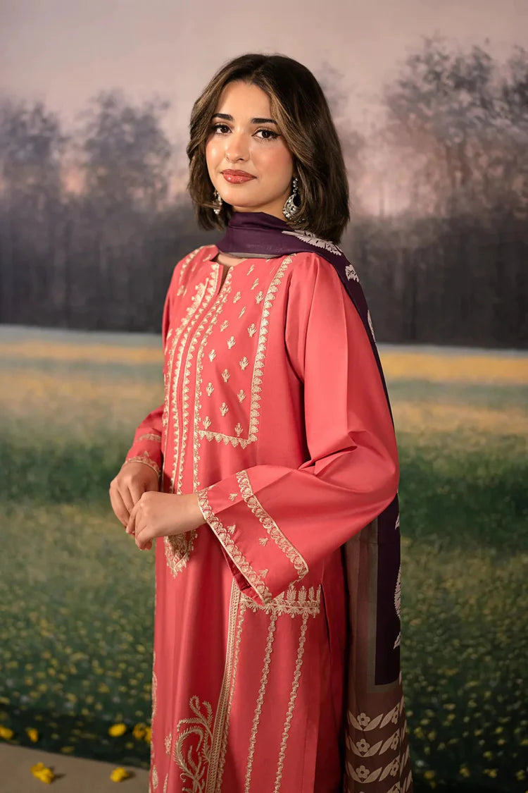 WINTER-3PC DHANAK EMBROIDERED SHIRT WITH COURTRAI PRINTED SHAWL AND EMB TROUSER-4204