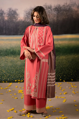 WINTER-3PC DHANAK EMBROIDERED SHIRT WITH COURTRAI PRINTED SHAWL AND EMB TROUSER-4204