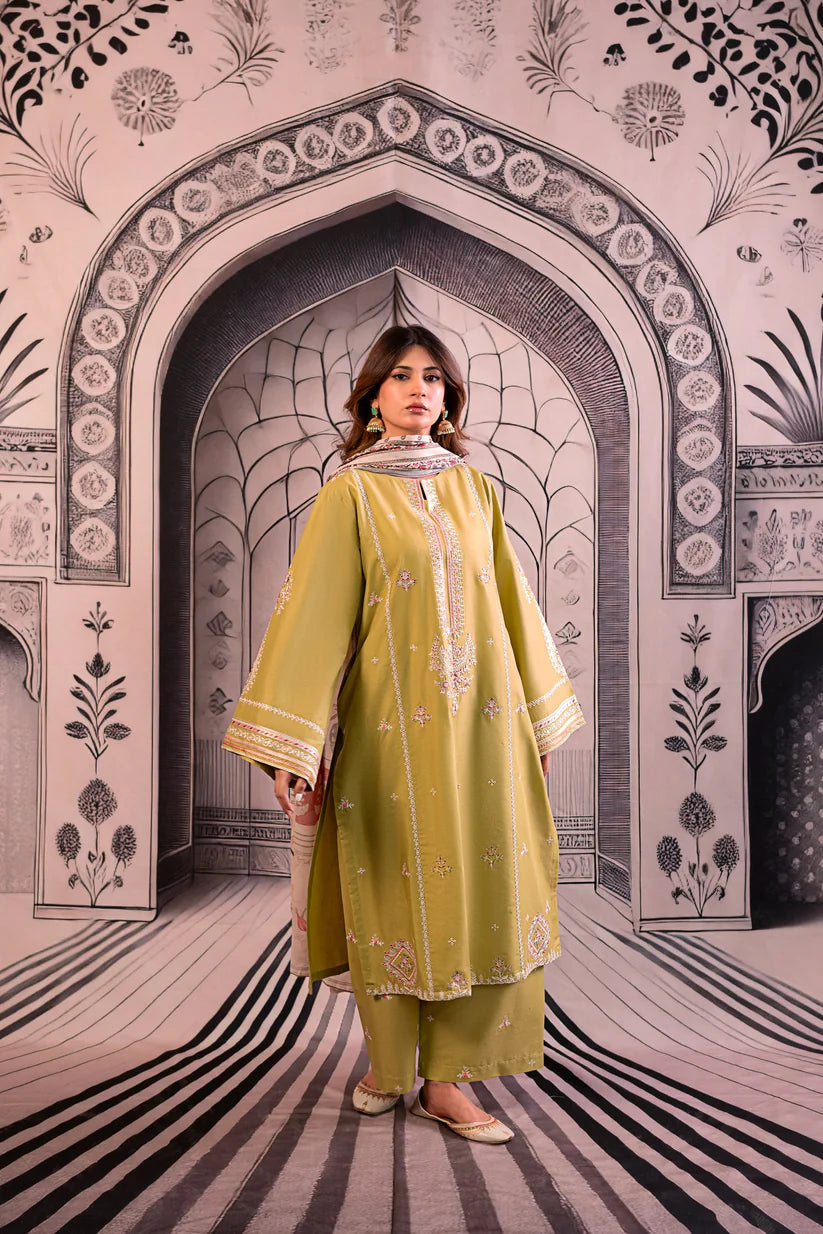 SUMMER- 3PC LAWN EMBROIDERED SHIRT WITH MONARK PRINTED DUPATTA AND EMB TROUSER-3788