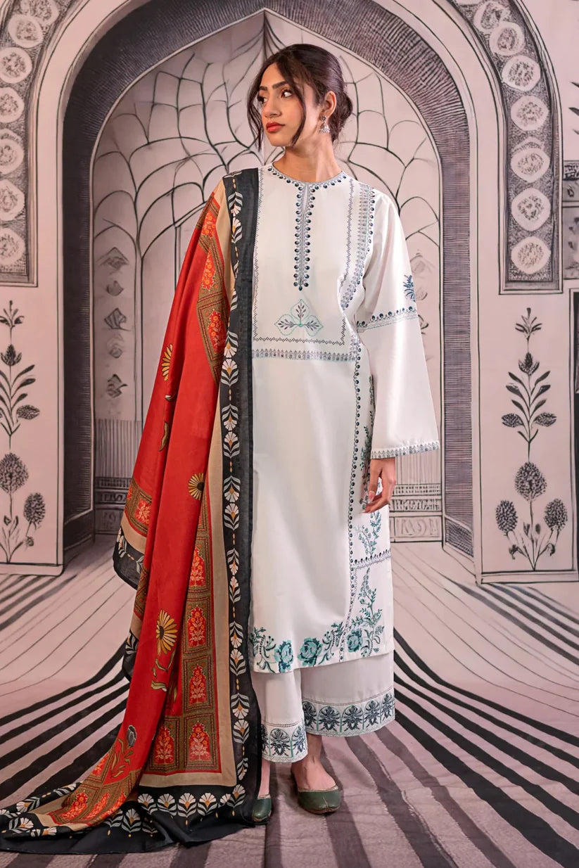 SUMMER-3PC LAWN EMBROIDERED SHIRT WITH MONARK PRINTED DUPATTA AND EMB TROUSER-3758