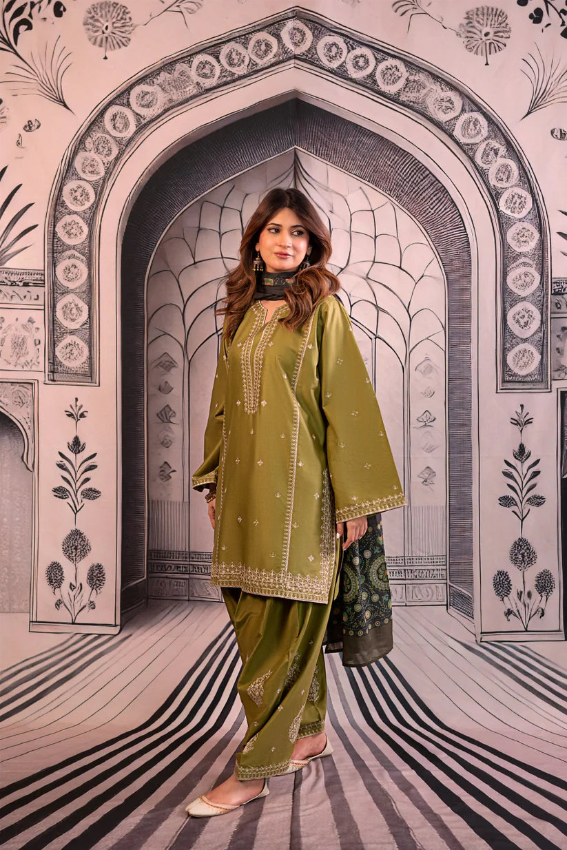WINTER-3PC DHANAK EMBROIDERED SHIRT WITH COUTRAI PRINTED SHAWL & EMB TROUSER-4126