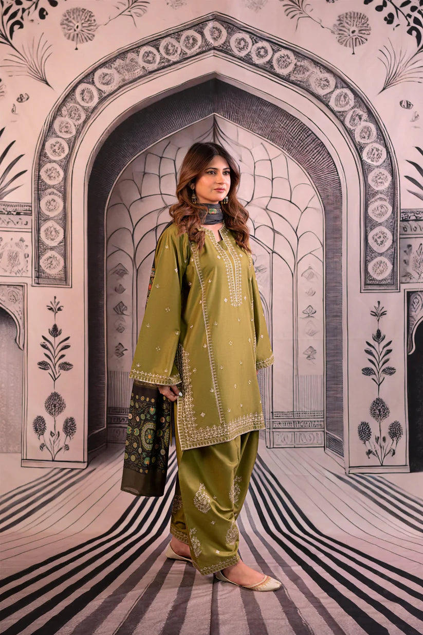 WINTER-3PC DHANAK EMBROIDERED SHIRT WITH COUTRAI PRINTED SHAWL & EMB TROUSER-4126
