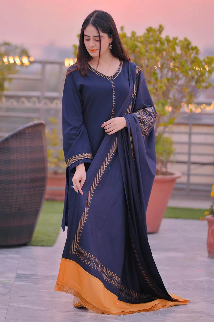 WINTER- 3PC DHANAK EMBROIDERED SHIRT WITH TWILL PRINTED SHAWL AND TROUSER-3182