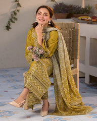 WINTER-3PC DHANAK SEQUINS EMBROIDERED SHIRT WITH WOOL PRINTED EMB SHAWL & TROUSER-5103