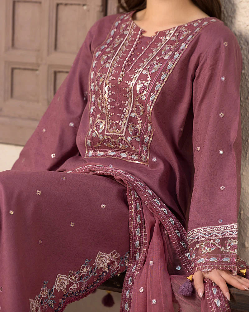 WInter-3PC DHANAK SEQUENCE EMBROIDERED SHIRT WITH CHIFFON EMBROIDERED DUPATTA AND TROUSER-4087