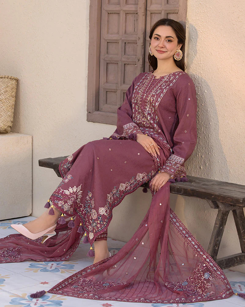 WInter-3PC DHANAK SEQUENCE EMBROIDERED SHIRT WITH CHIFFON EMBROIDERED DUPATTA AND TROUSER-4087