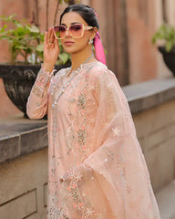 SUMMER-3PC LAWN CHIKAN EMBROIDERED SHIRT WITH KHADDI NET EMB DUPATTA AND TROUSER-4718