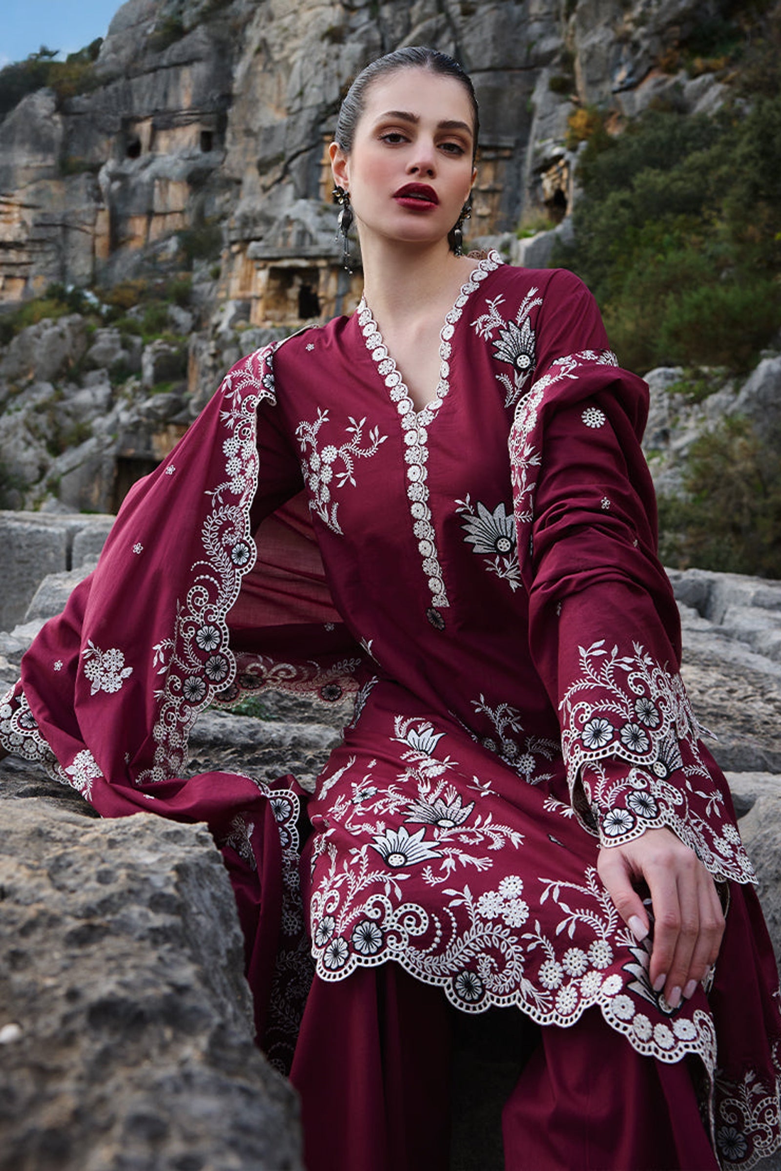 SUMMER-3PC LAWN EMBROIDERED SHIRT WITH MONARK EMBROIDERED DUAPATTA AND TROUSER-3715